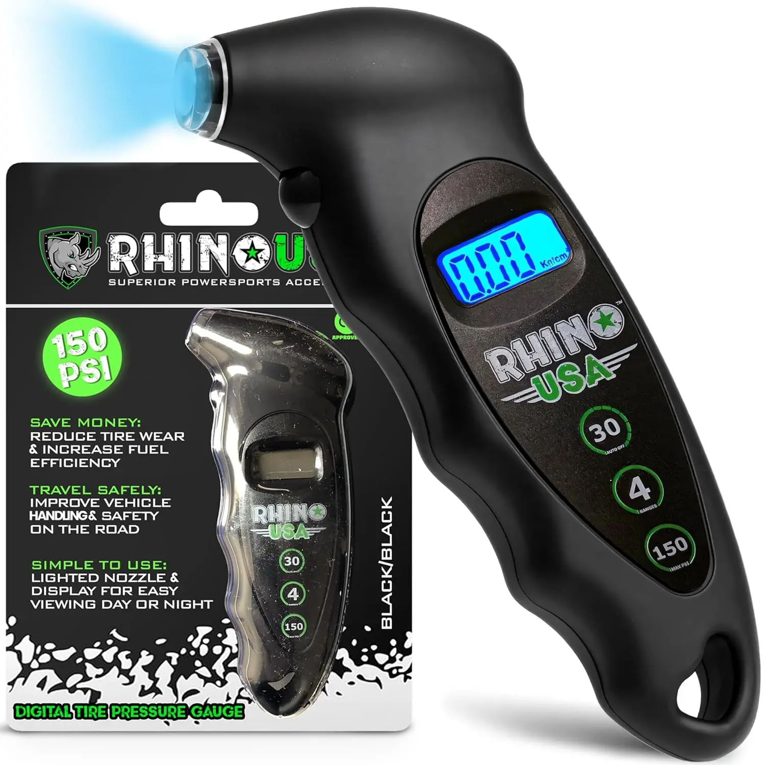 Rhino USA Digital Tire Pressure Gauge 150 PSI, 4 Ranges, Ergonomic Design with Lighted Nozzle & LCD Backlit Display - Certified Accurate Readings