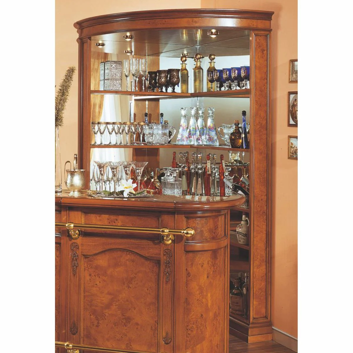 Luxus Barock Eck Barschrank Braun H. 220 cm - Barockstil Bar Möbel - Made in Italy