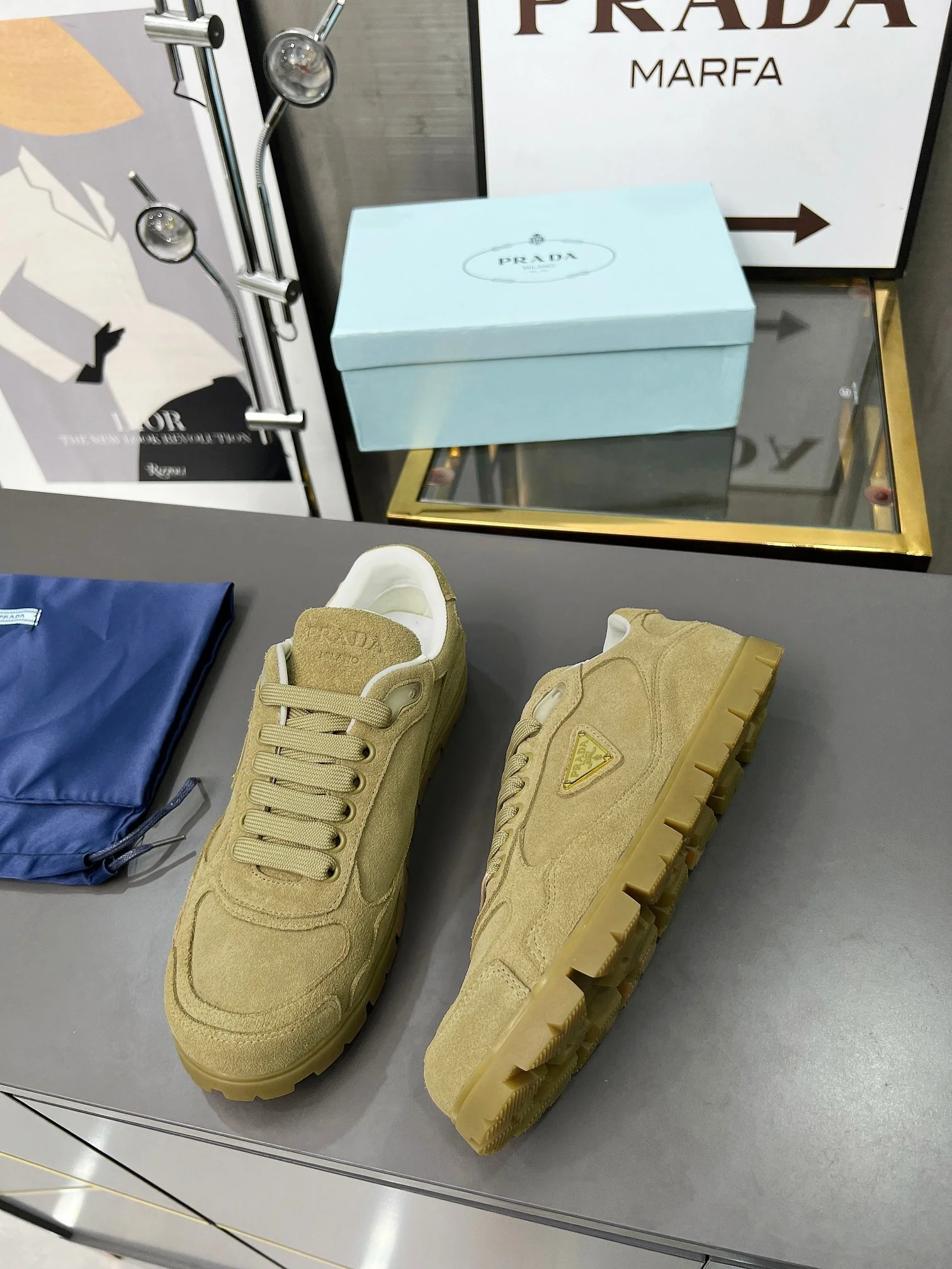 Prada Unisex Sneakers Triangle Logo Suede Luxury Sneakers - Sneaker Replica Workshop