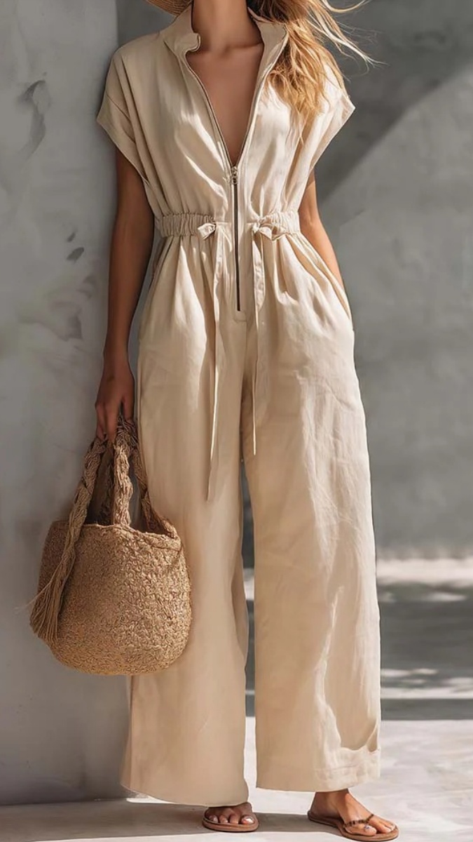 Women's V-Neck Stand-Collar Zip-Front Drawstring Jumpsuit - Nordfashionstorm - Women's Clothing, Fashion for You - Nordfashionstorm.com