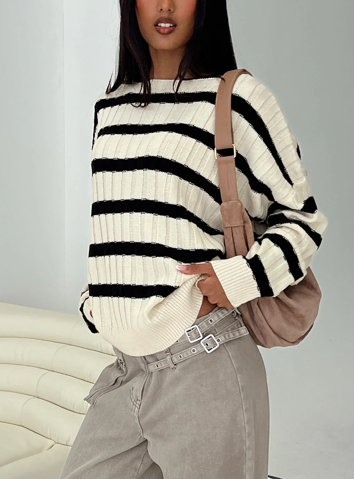 Elenita Wide Neck Knit Sweater Black / White
