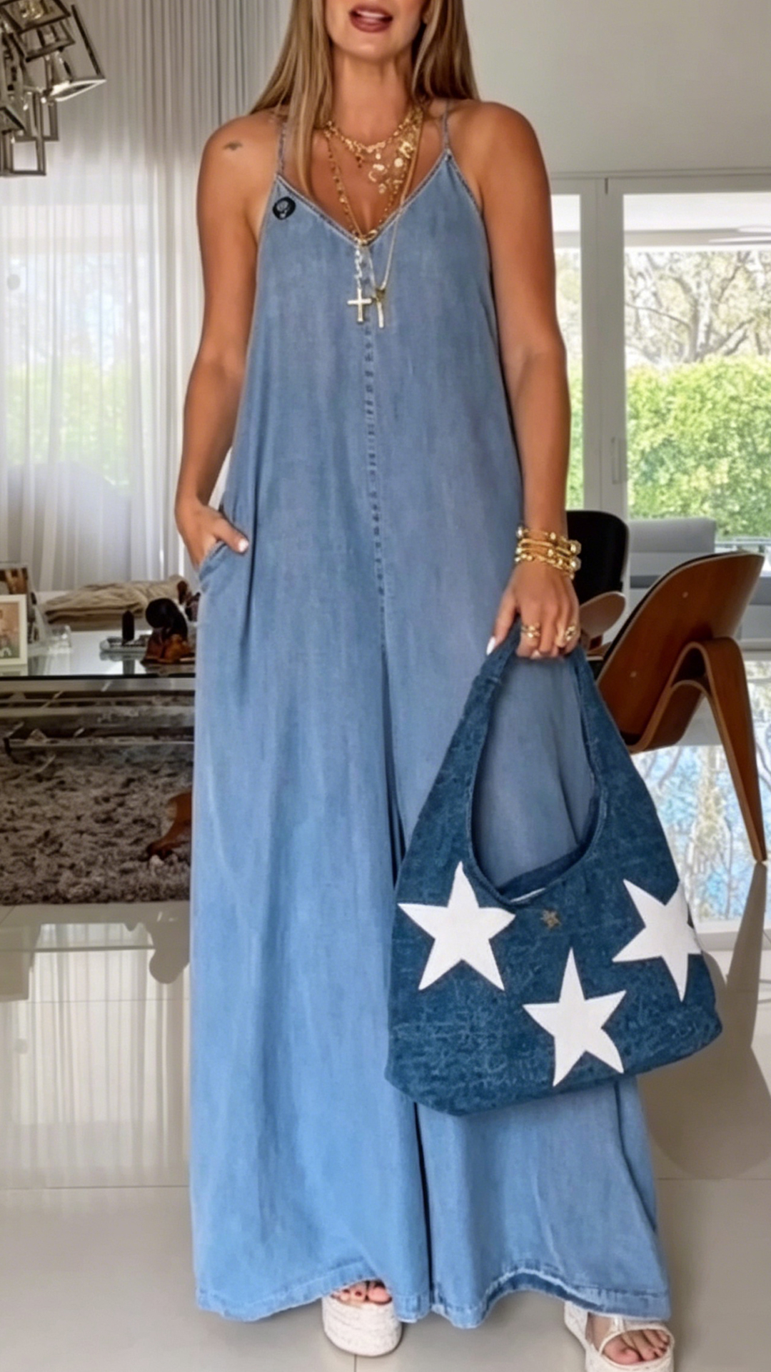 Women's V-Neck Spaghetti Strap Denim-Like Loose Wide Leg Polyester Jumpsuit - Nordfashionstorm - Women's Clothing, Fashion for You - Nordfashionstorm.com