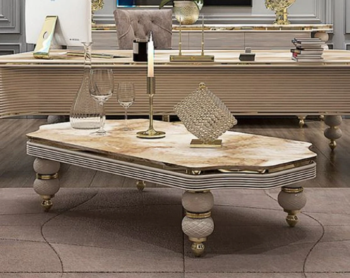 Luxury Art Deco coffee table white / beige / gray / gold - living room table with artificial marble table top - Art Deco living room & hotel furniture - luxury collection