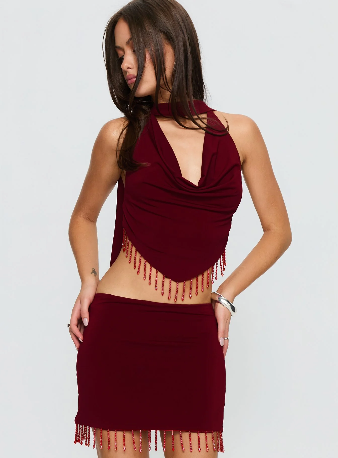 Ginah Bead Tassel Cowl Neck Top Red