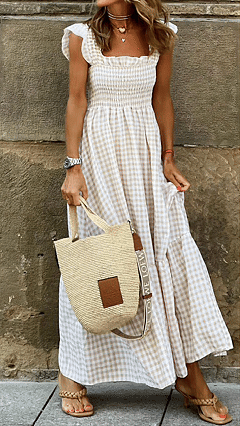 Women's  Beige Gingham Linen-Blend Maxi Dress - Nordfashionstorm - Women's Clothing, Fashion for You - Nordfashionstorm.com