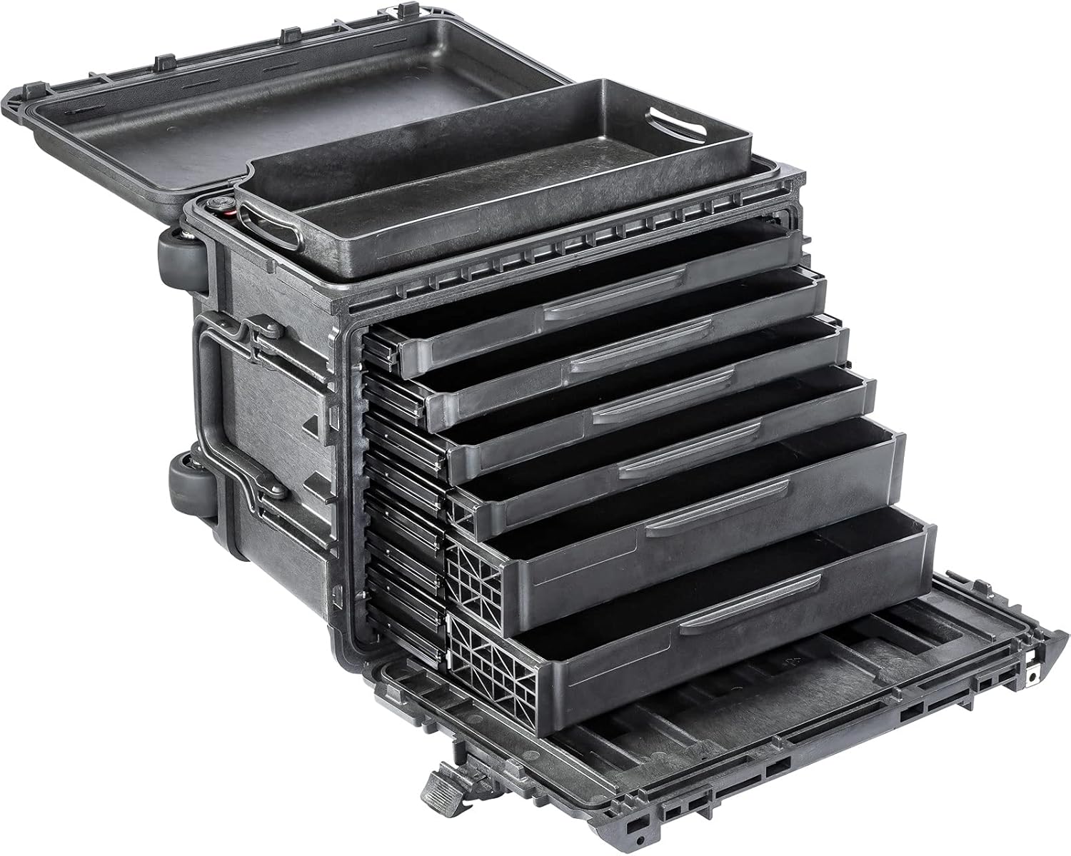 PELI 0450 Cassetta per gli attrezzi professionale per uso intensivo con vassoi removibili, 4 bassi e 2 profondi, Capacità di 47 l, Prodotta negli USA, Colore: Nero
