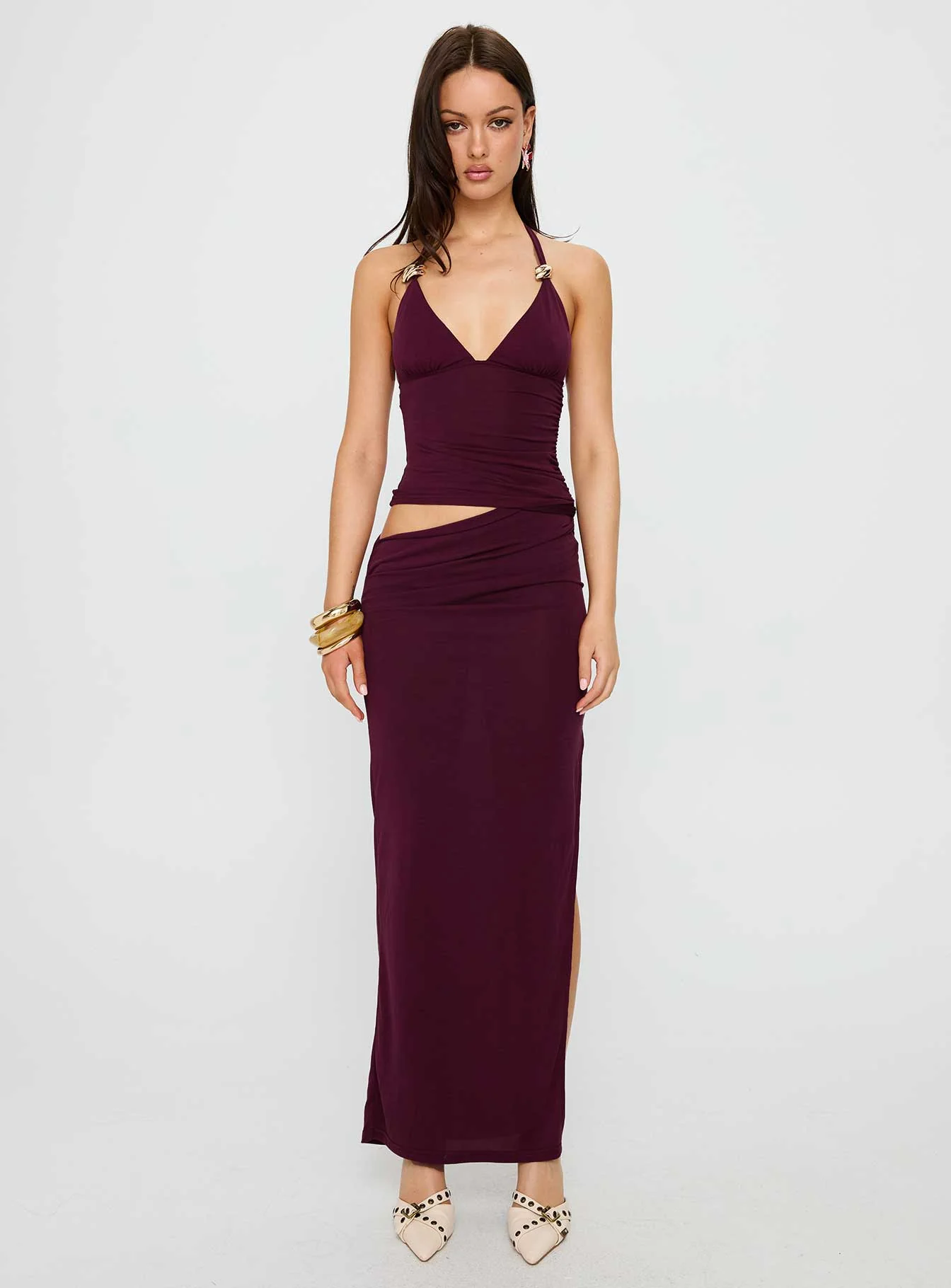 Imeraldia Hardware Halter Maxi Dress Currant