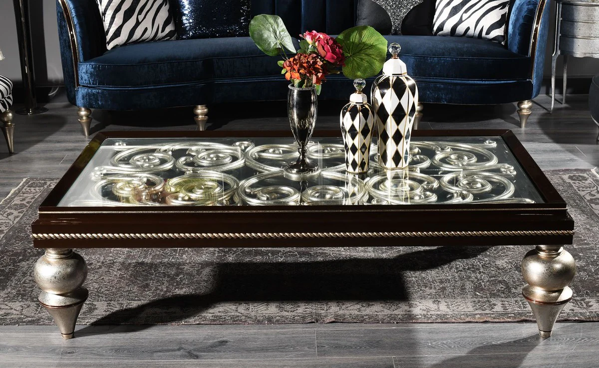 Luxury baroque coffee table dark brown / antique silver 167 x 92 x H. 48 cm - magnificent solid wood living room table with glass top - luxury quality
