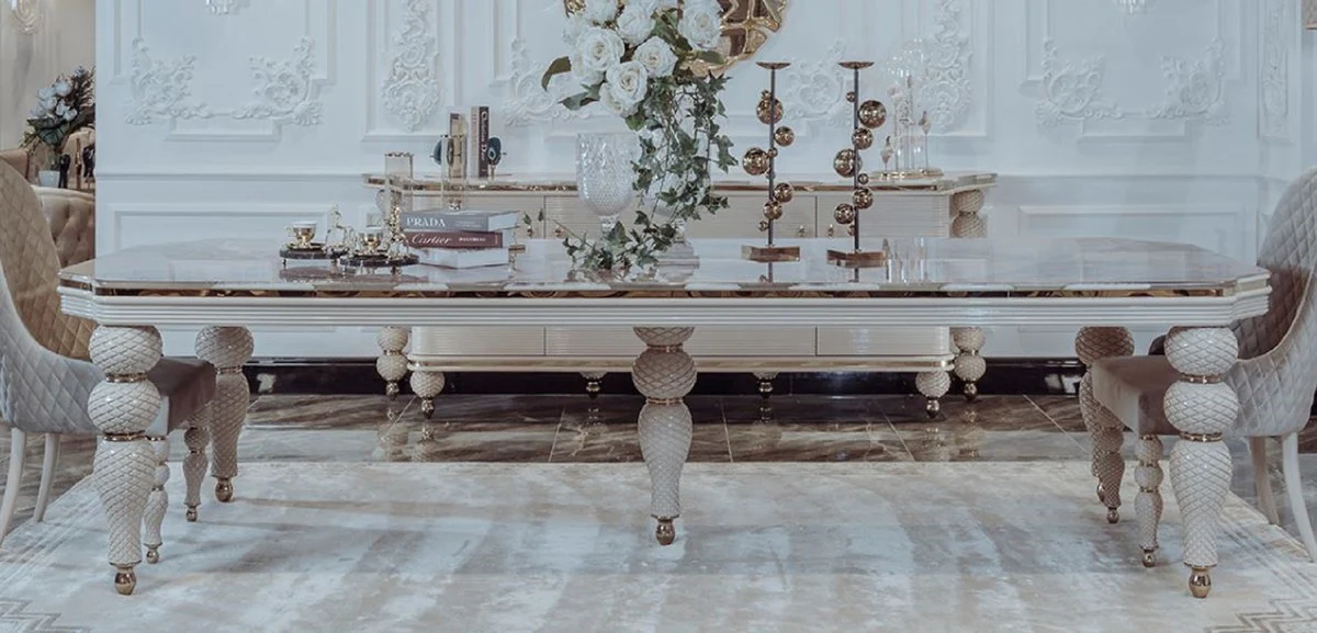 Luxury Art Deco dining table gray / white / gold 260 x 113 x H. 79 cm - Magnificent Art Deco dining room table with artificial marble table top - Art Deco dining room furniture - Luxury quality