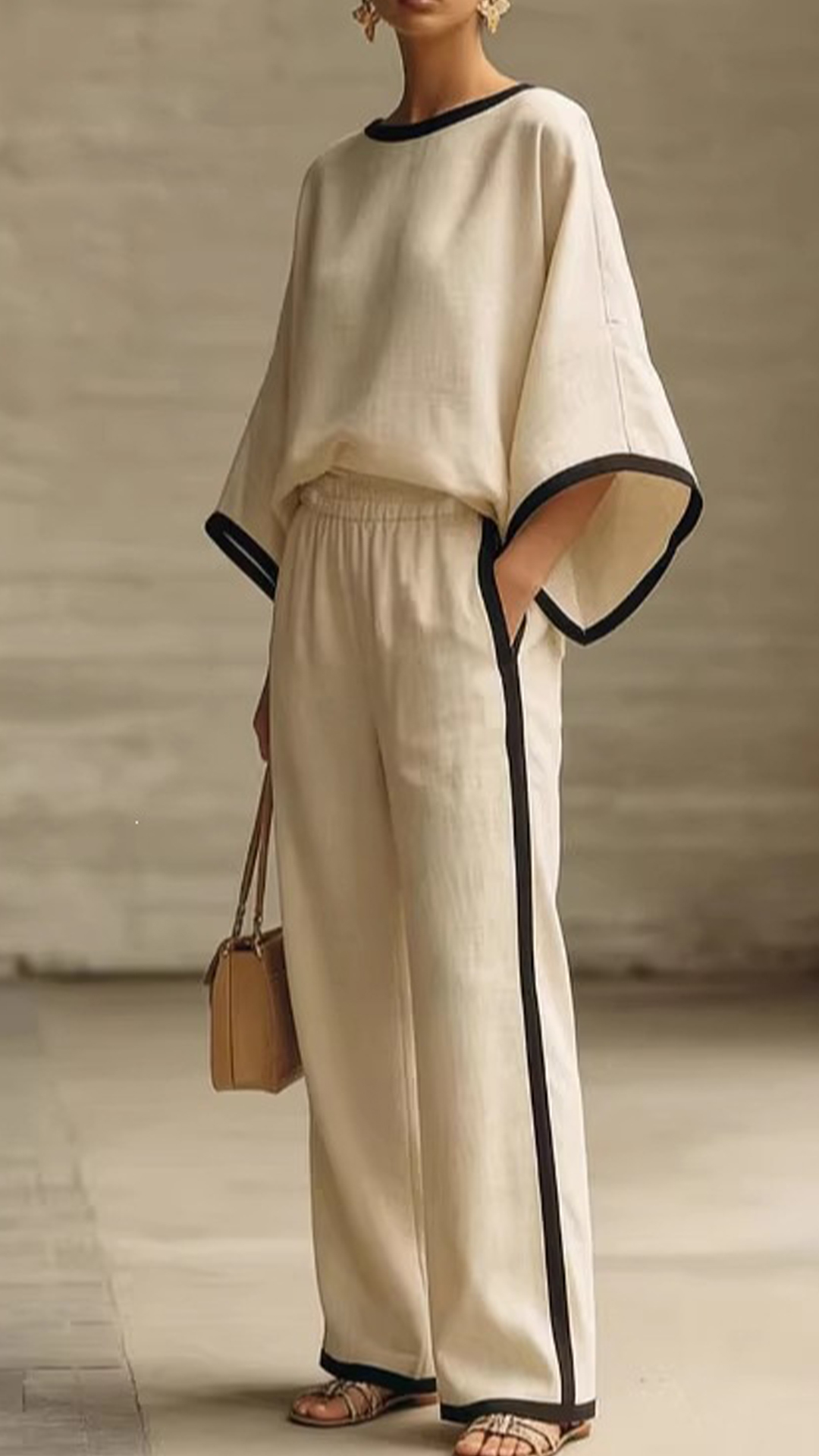 Women's Cotton-Blend Off-White Trimmed Loose Top & Wide-Leg Pants Set - Nordfashionstorm - Women's Clothing, Fashion for You - Nordfashionstorm.com