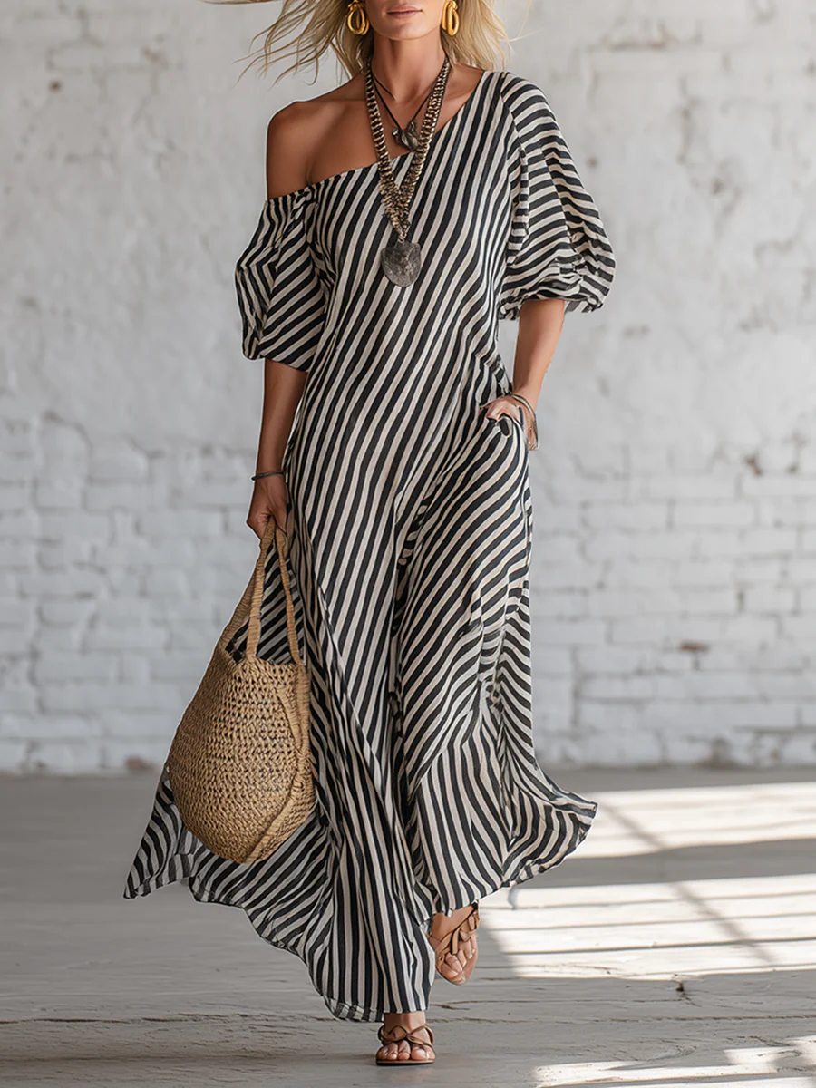 Elegant And Classic Striped Off-shoulder Maxi Dress - Nordfashionstorm - Women's Clothing, Fashion for You - Nordfashionstorm.com