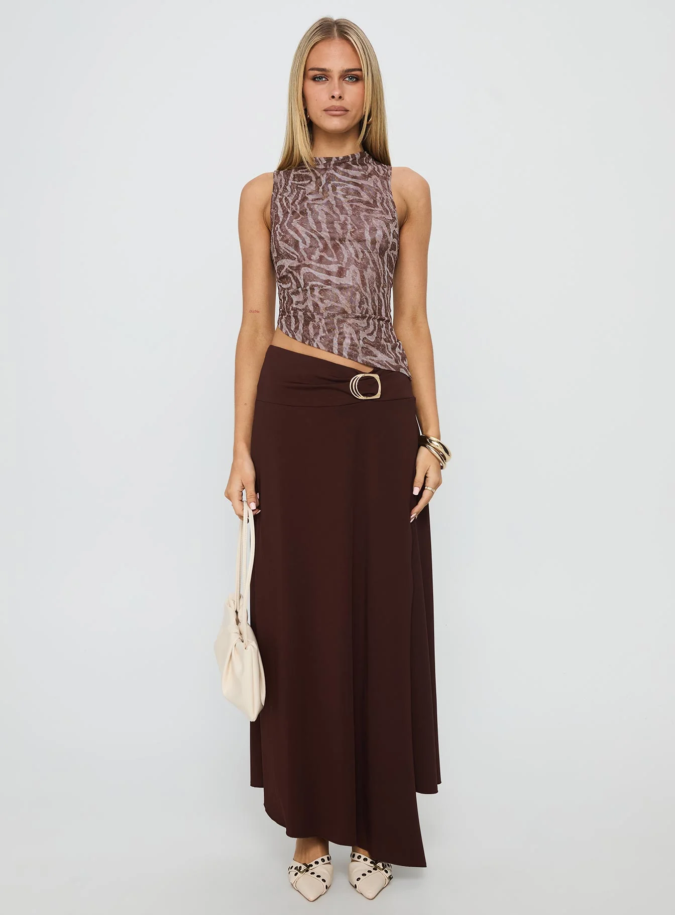 Nola Hardware Slit Maxi Skirt Brown