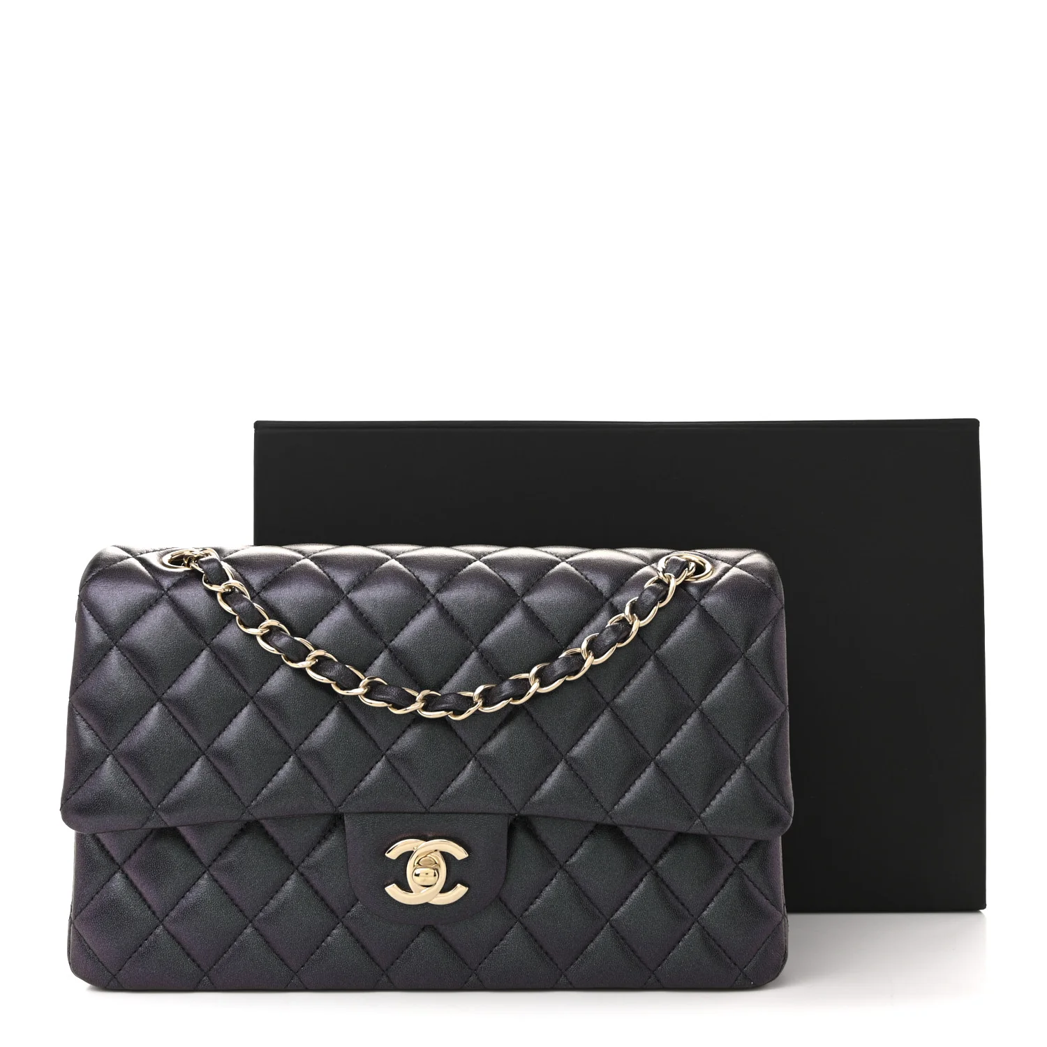 Iridescent Lambskin Quilted Medium Double Flap Black - Top Club