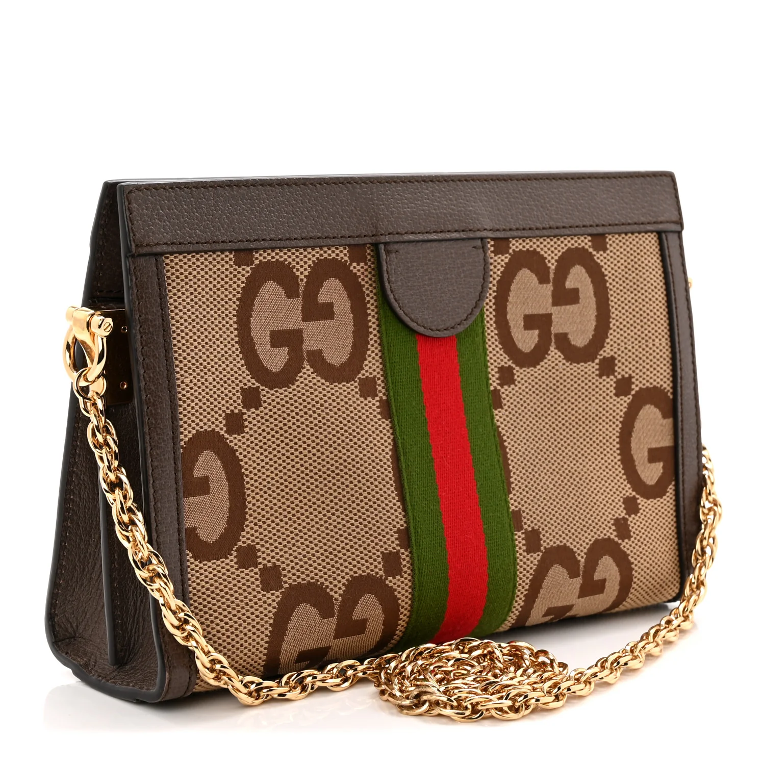 Monogram Jumbo GG Textured Dollar Calfskin Web Small Ophidia Chain Shoulder Bag Camel Ebony New Acero - Top Club