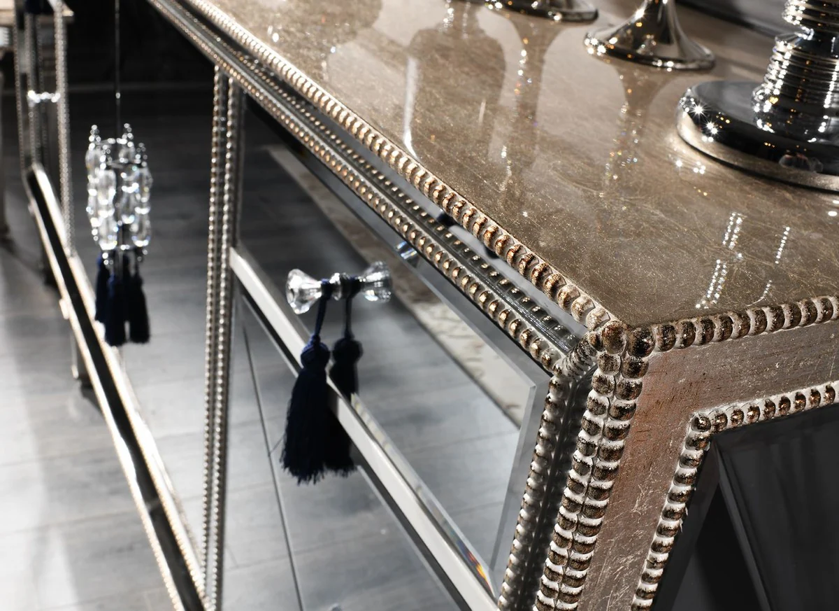 Luxury baroque chest of drawers with mirror glass silver / gold 205 x 55 x H. 100 cm - mirrored living room cabinet - luxury quality