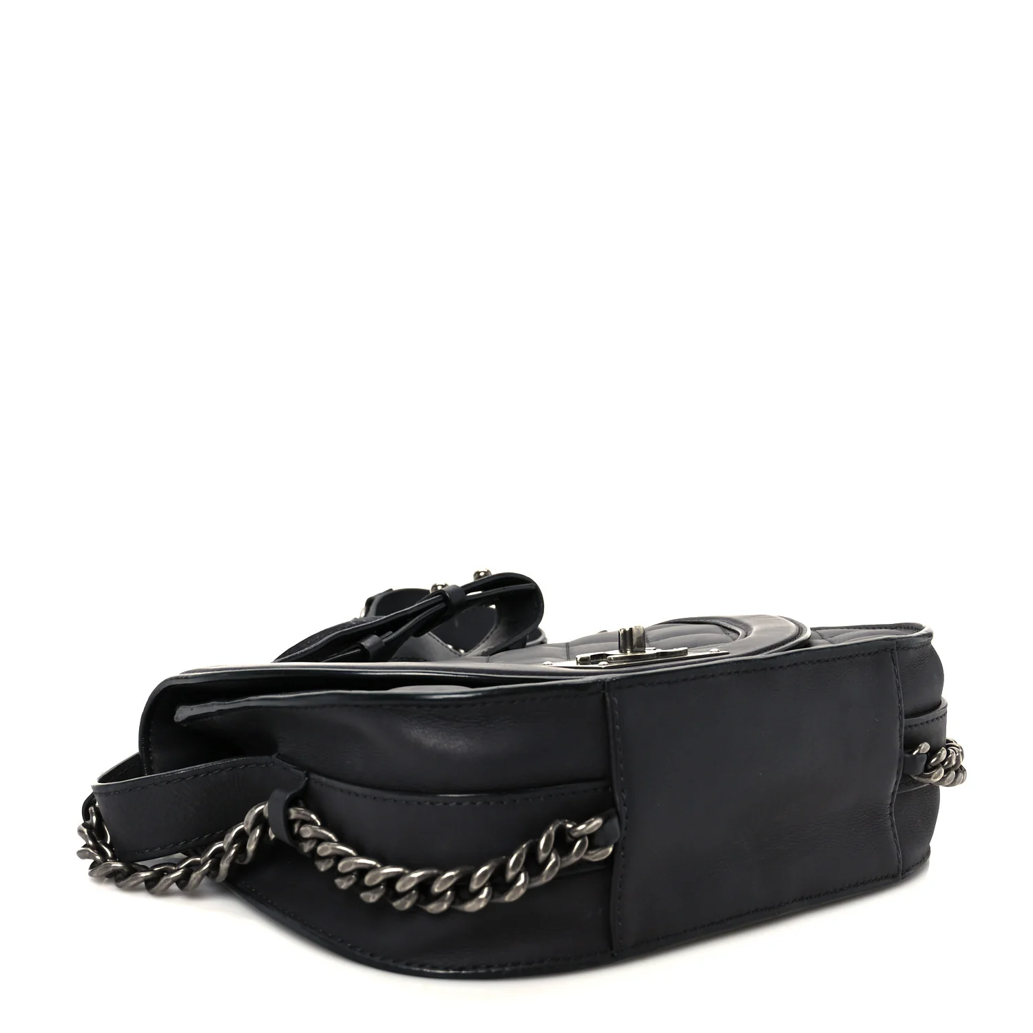 Shiny Goatskin Quilted Small Double Chained Messenger Flap Black - Top Club