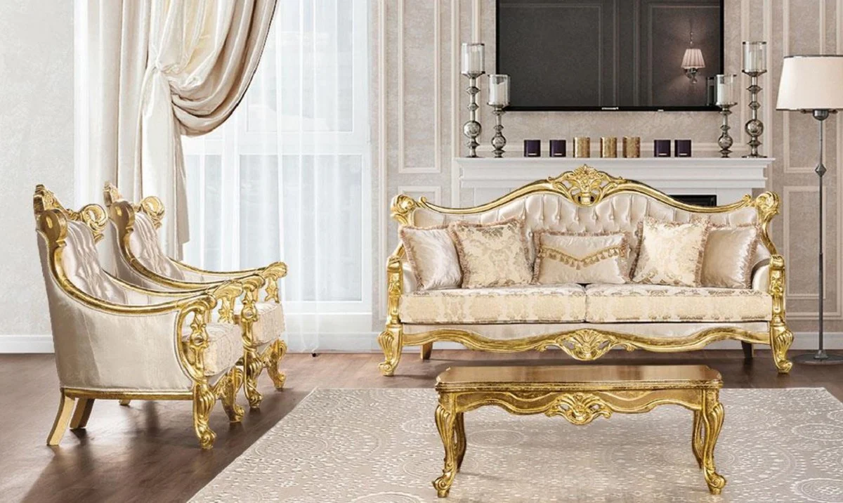 Luxury Baroque Living Room Set Beige / Gold - 2 Baroque Sofas with Pattern & 2 Baroque Armchairs with Pattern & 1 Baroque Coffee Table - Baroque Living Room Furniture