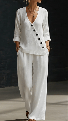 Minimalist V-neck Shirt And Wide-leg Pants Two-piece Set - Nordfashionstorm - Women's Clothing, Fashion for You - Nordfashionstorm.com