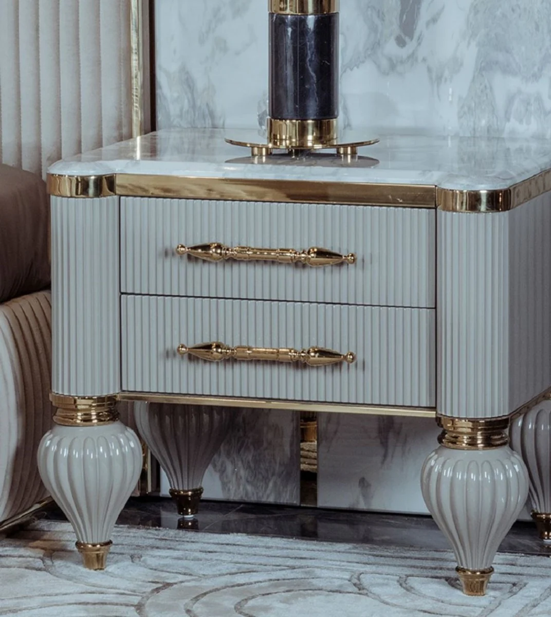 Luxury Art Deco nightstand gray / white / gold 64 x 51 x H. 59 cm - Magnificent solid wood bedside table with 2 drawers - Art Deco bedroom & hotel furniture - Luxury collection
