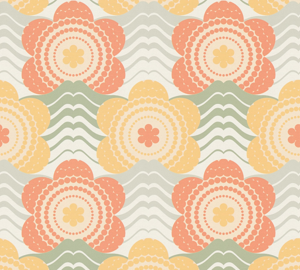 Retro vliesbehang met golven en bloemmotieven – oranje, geel, groen #1