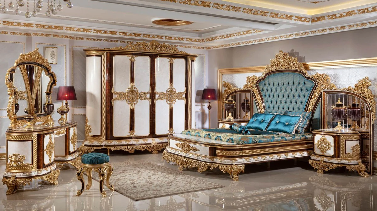 Luxury Baroque Bedroom Set White / Brown / Gold - 1 Baroque Dressing Chest with 5 Drawers & 1 Baroque Mirror & 1 Baroque Stool - Baroque Bedroom Furniture - Noble & Magnificent
