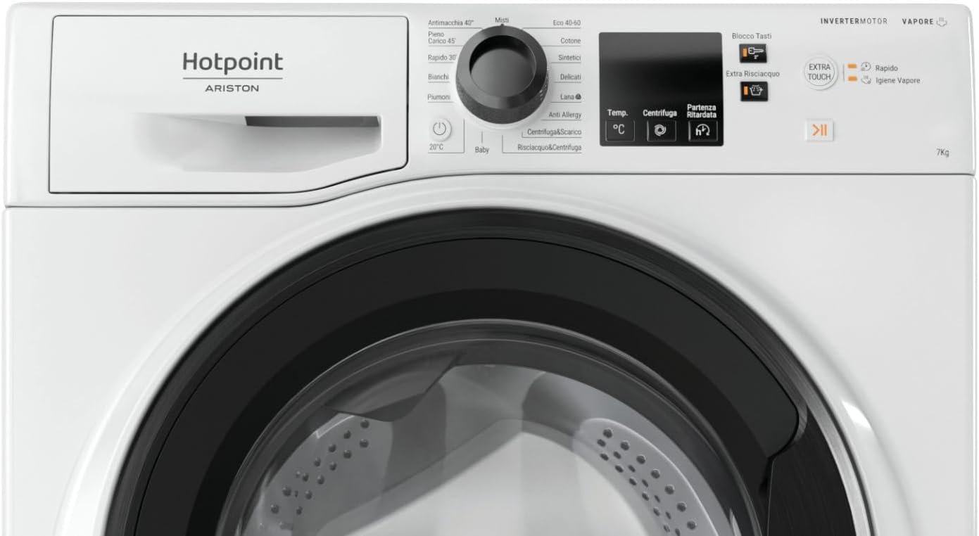 Hotpoint Lavatrice a Libera Installazione a Carica Frontale NF746WK IT, 7 Kg, Classe Energetica A, Colore Bianco, Larghezza 59.5 cm, Profondità 54 cm, Altezza 85 cm