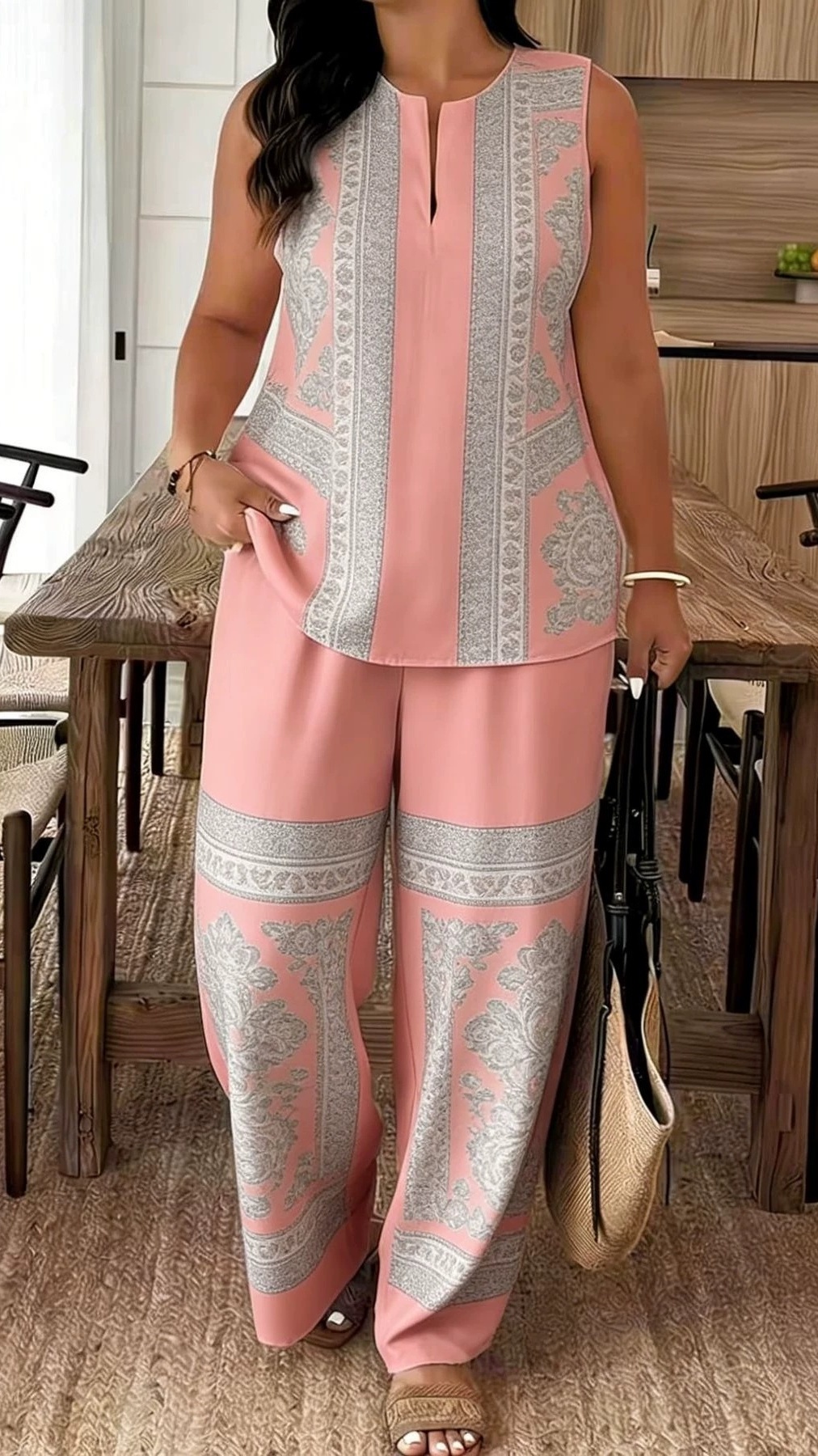 Women's Printed Casual Set with Round Neck and Side Slits - Nordfashionstorm - Women's Clothing, Fashion for You - Nordfashionstorm.com