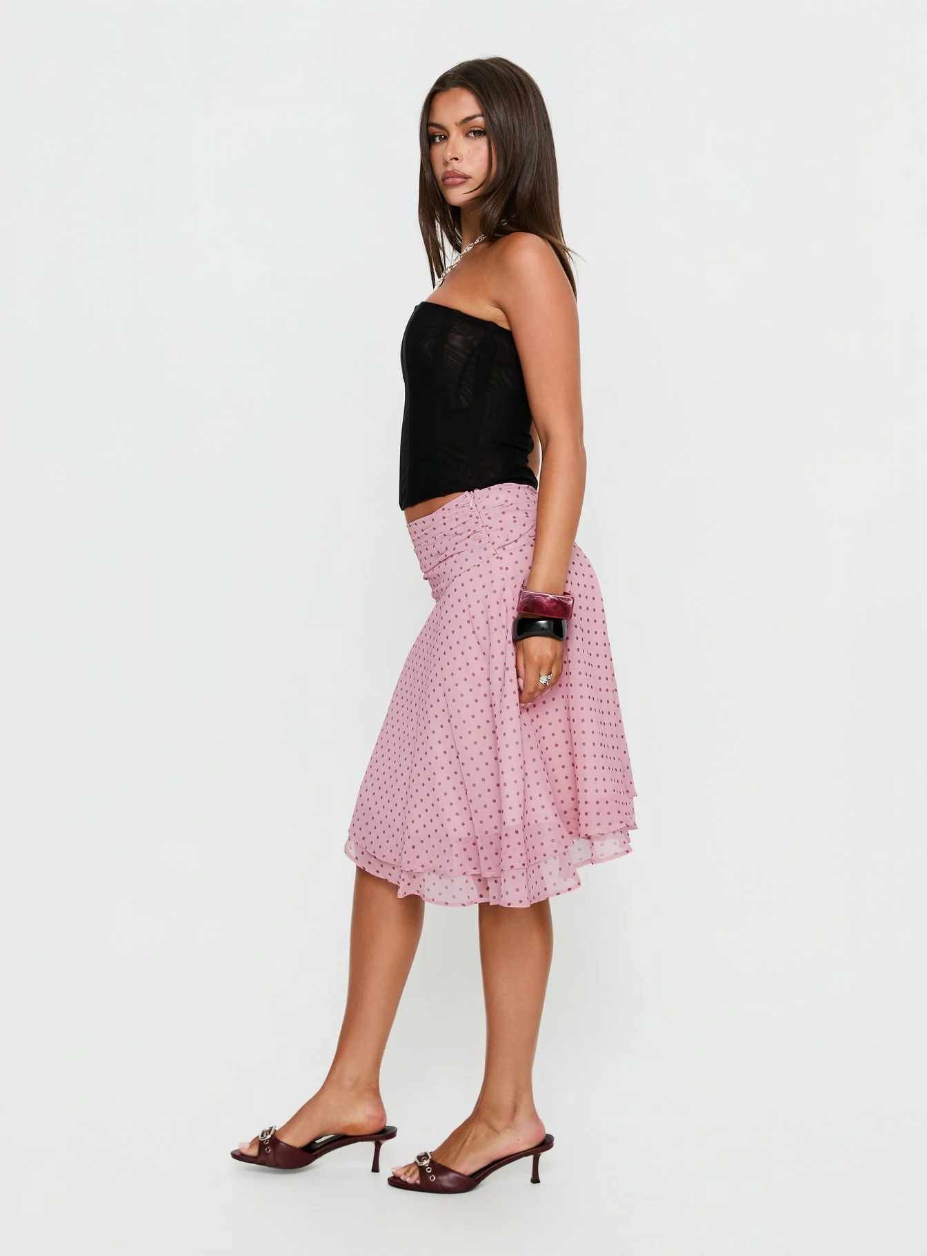 Evanescence Asymmetrical Midi Skirt Pink Polka Dot