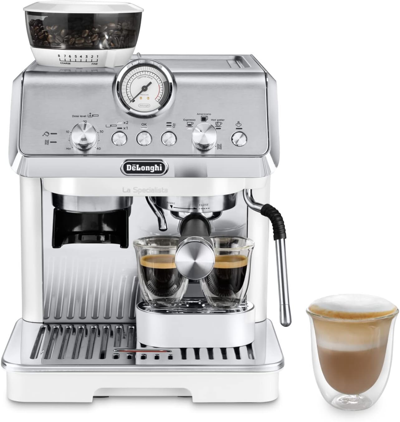 LA SPECIALISTA ARTE EC9155.W Macchina da caffè Manuale, 3 Ricette Preimpostate, Controllo Attivo a Temperatura, 8 Livelli di Macinazione, Lancia MyLatte Art, incluso KIT BARISTA, Bianco
