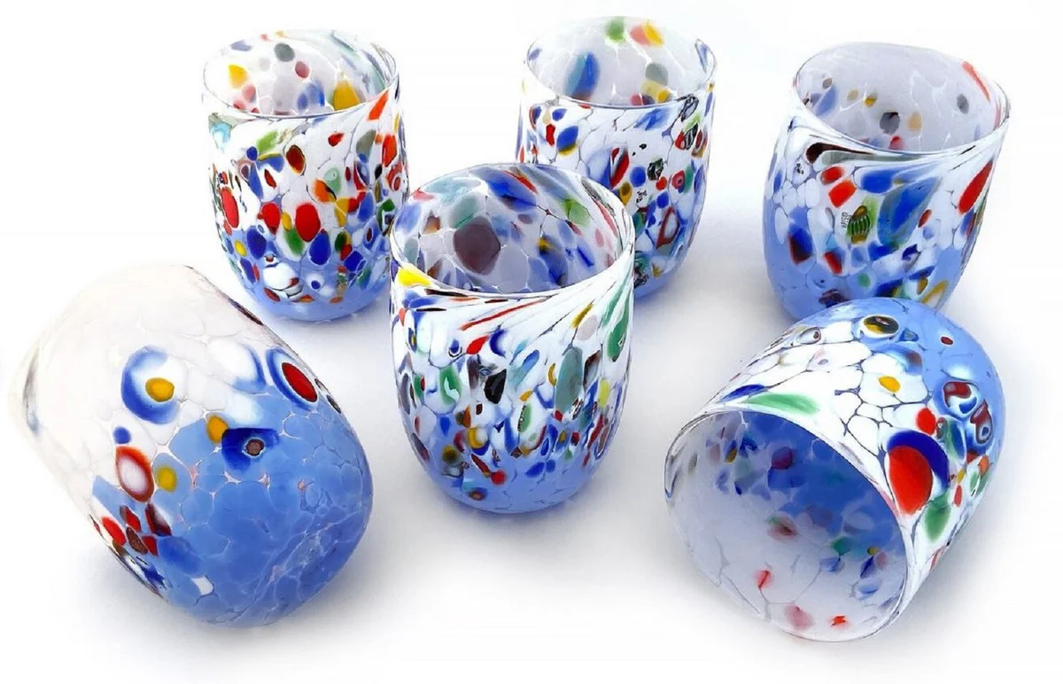 Luxury Murano crystal glass water glasses set of 6 white / light blue Ø 8 x H. 10.5 cm - Made in Italy