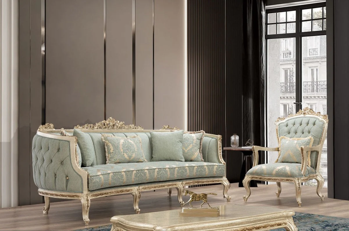 Luxury Baroque Living Room Set Green / Antique Gold - 2 Sofas & 2 Armchairs & 1 Coffee Table - Handcrafted Living Room Furniture in Baroque Style - Noble & Magnificent