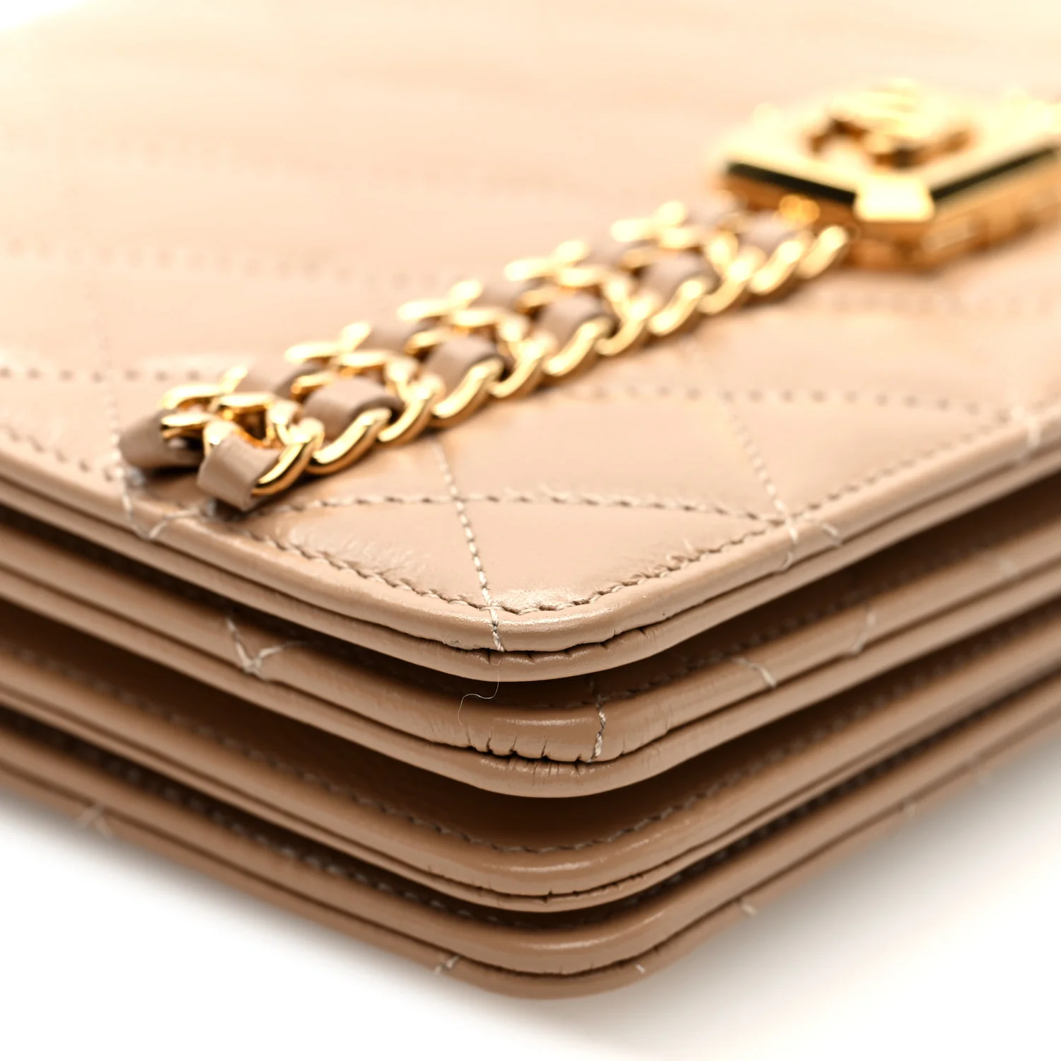 Shiny Aged Calfskin Quilted Clutch With Chain Dark Beige - Top Club