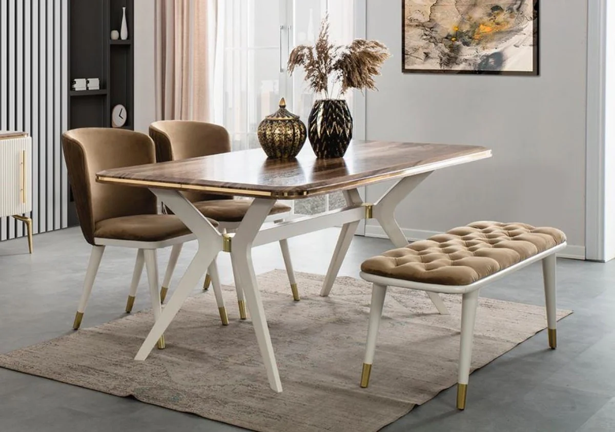 Luxury Art Deco Dining Room Set Brown / White / Gold - 1 Dining Room Table & 4 Dining Chairs & 1 Bench - Art Deco Dining Room Furniture