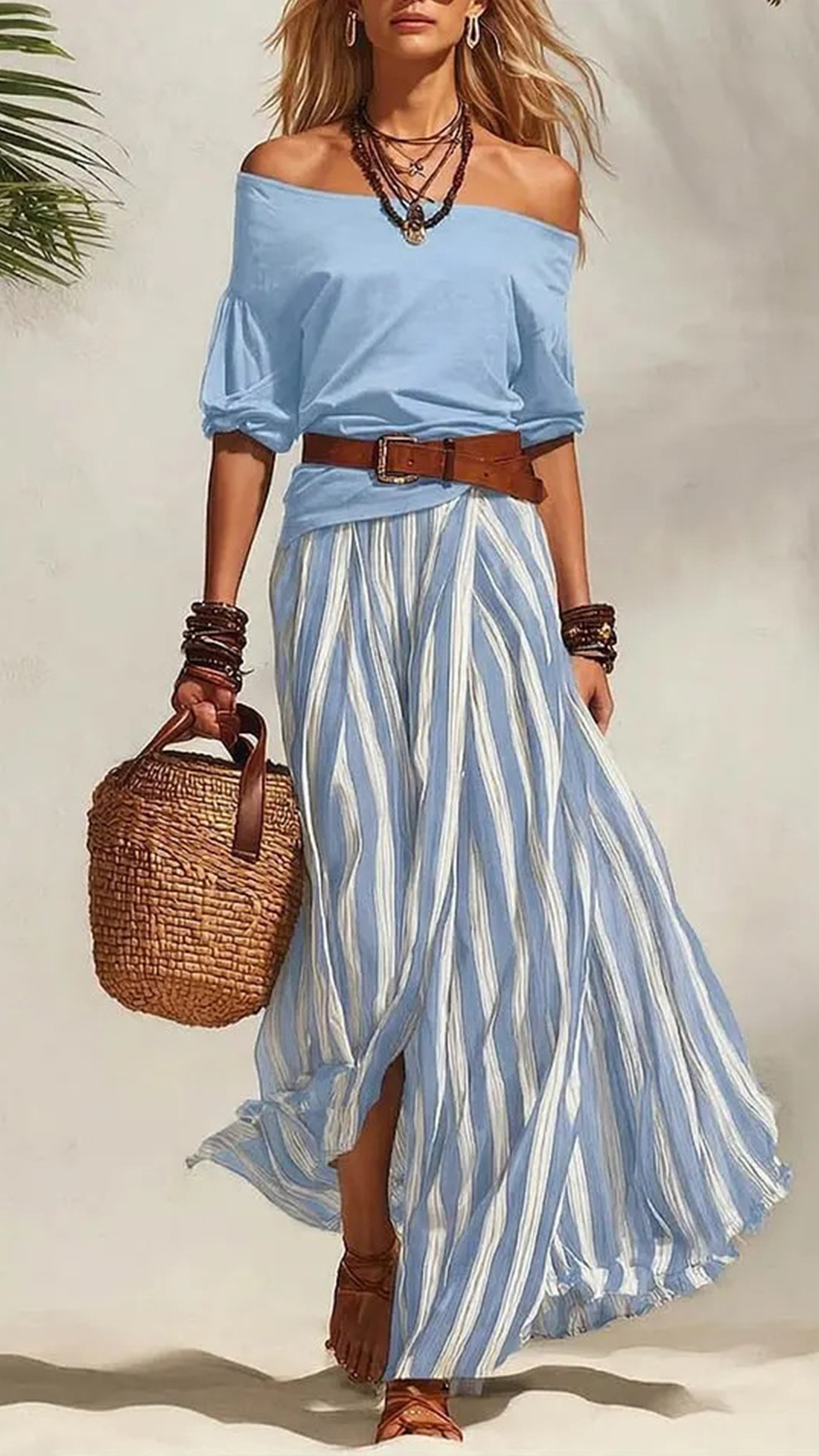 Women's Cotton‑blend Off‑the‑shoulder Mid‑sleeve Top & Blue‑white Striped Slit Maxi Skirt Set - Nordfashionstorm - Women's Clothing, Fashion for You - Nordfashionstorm.com