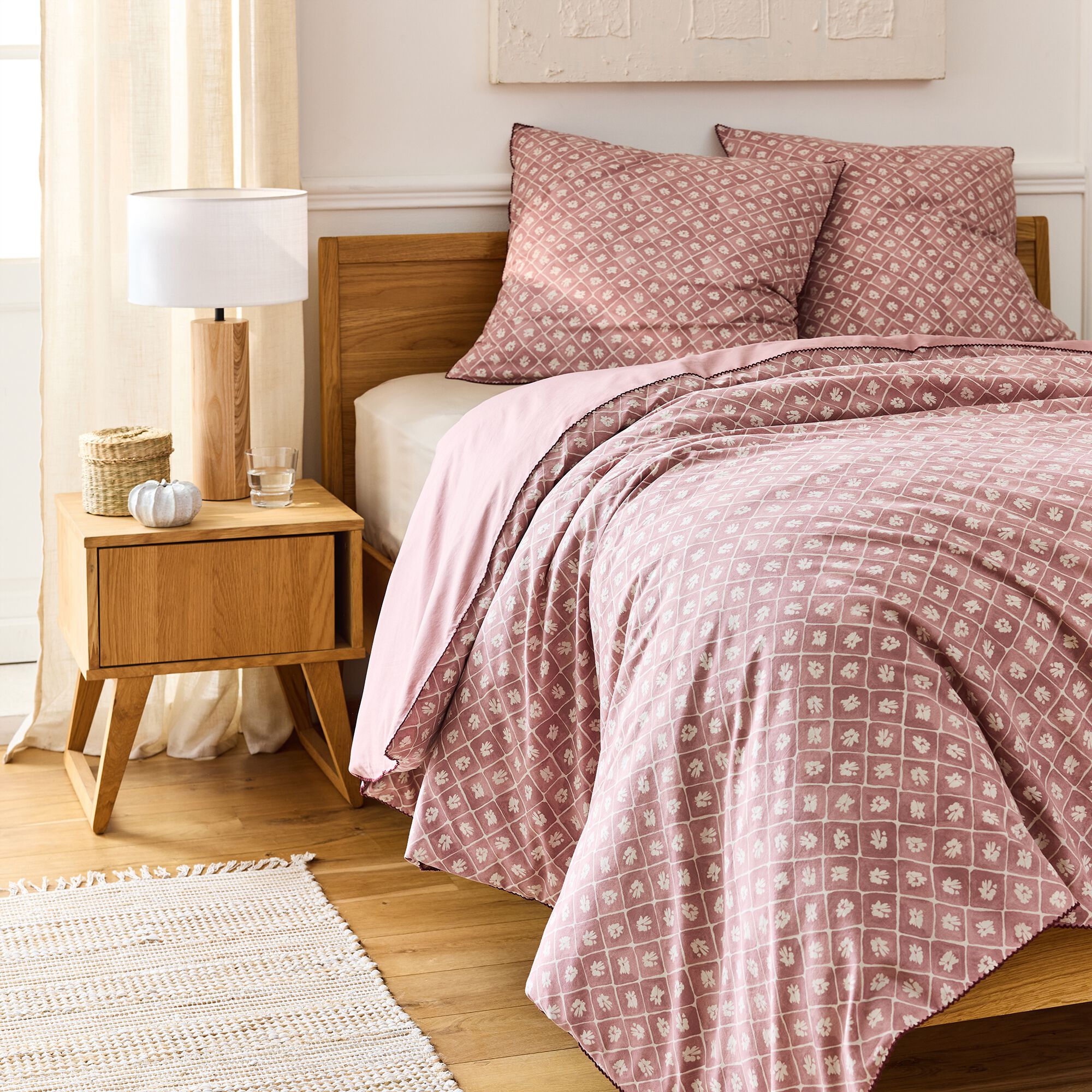 PIASTRE - Housse de couette 260x240cm et 2 taies d'oreiller 63x63cm en coton lavé - rose