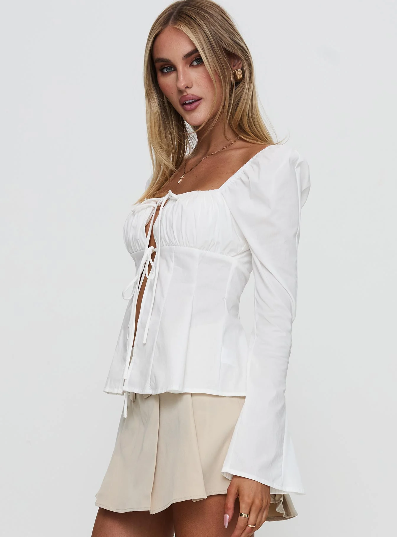 Lilibette Tie Up Long Sleeve Top White