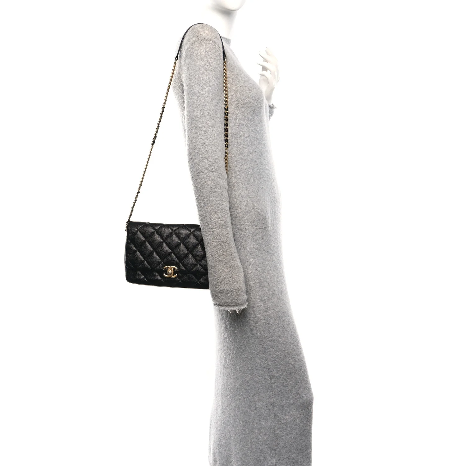 Shiny Caviar Quilted Large Chain Melody Flap Black