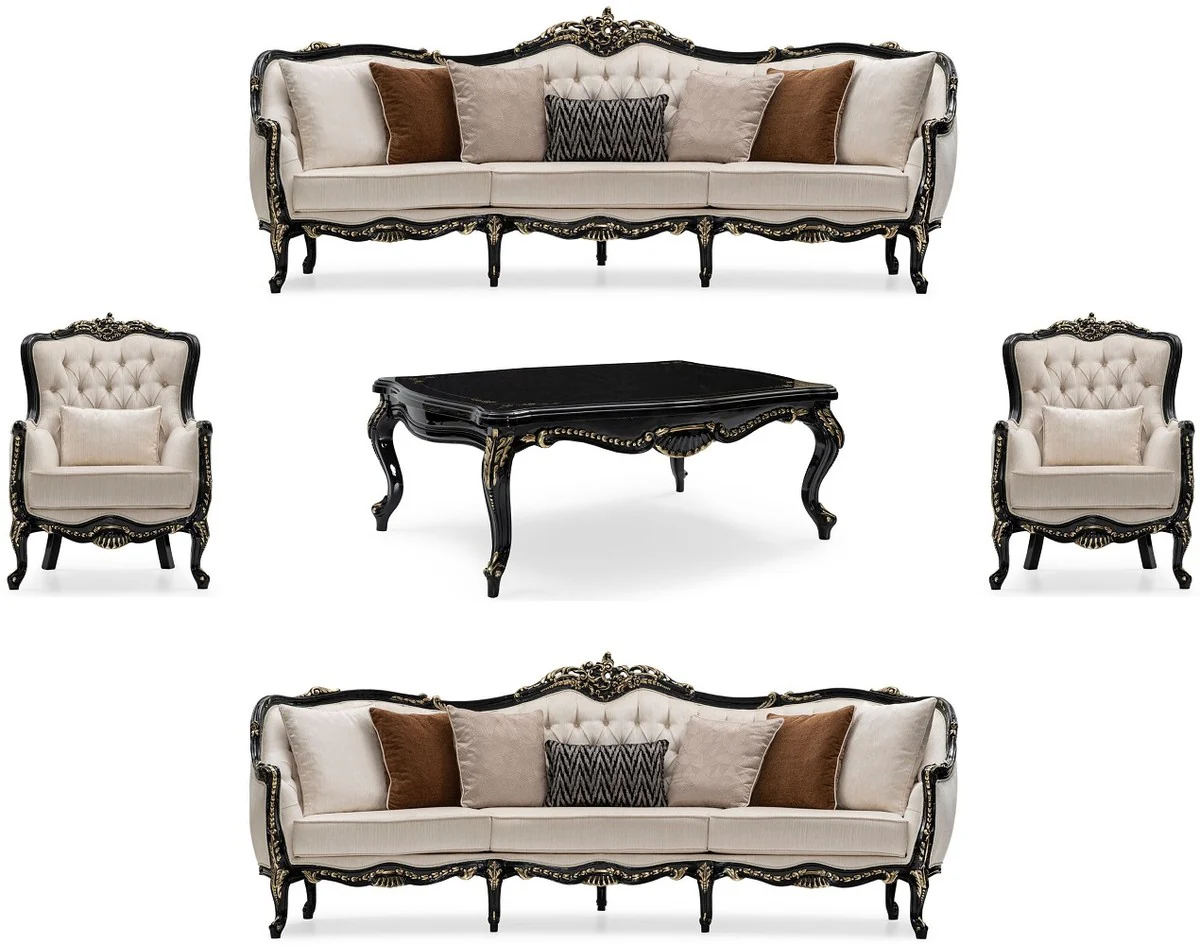 Luxury Baroque Living Room Set Cream / Black / Gold - 2 Sofas & 2 Armchairs & 1 Coffee Table - Handcrafted Living Room Furniture in Baroque Style - Noble & Magnificent