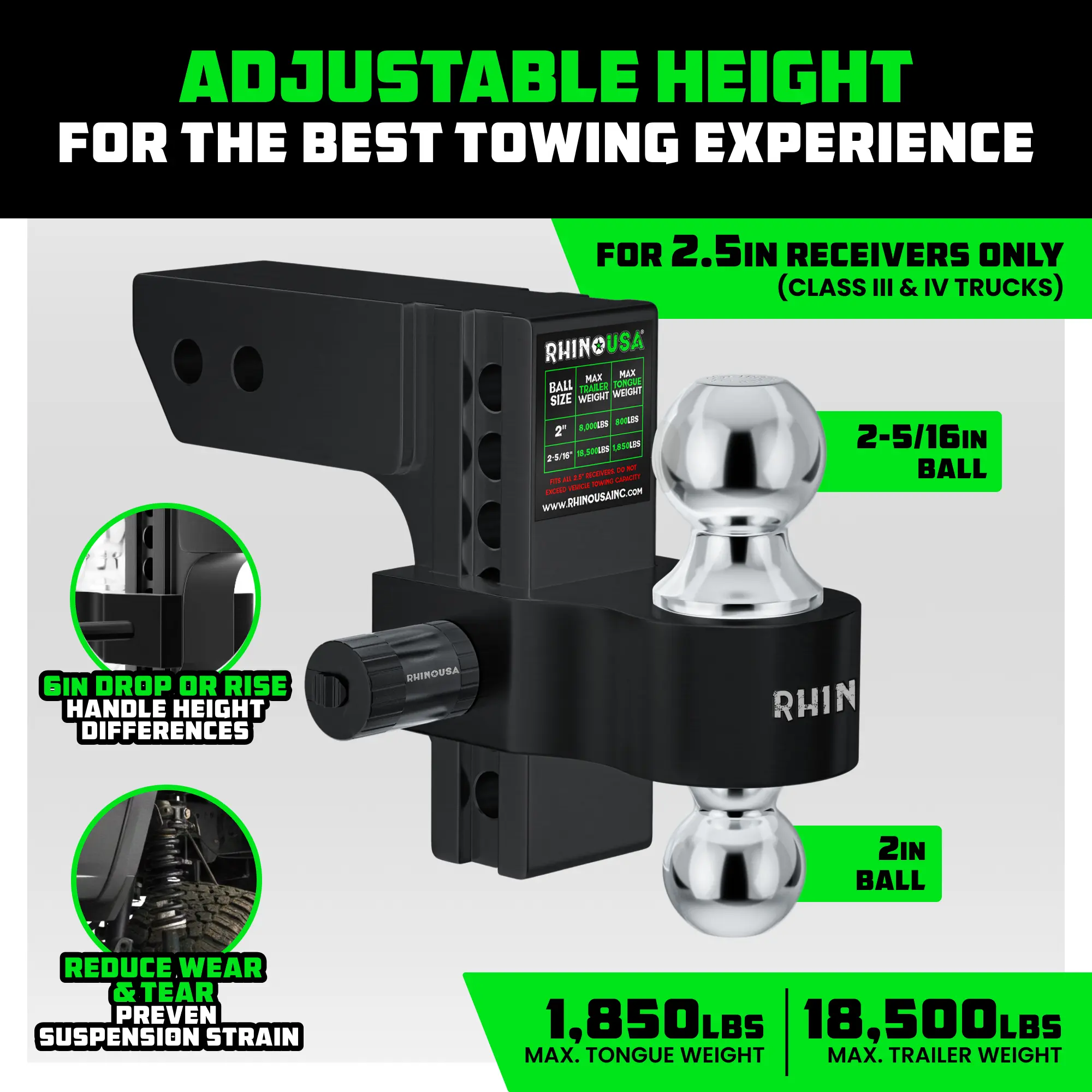 Rhino USA Adjustable Trailer Hitch (2.5-Inch Receiver) - Heavy Duty Aluminum Tow Hitch with 6-Inch Drop/Rise for Truck (18,500 LBS GTW)