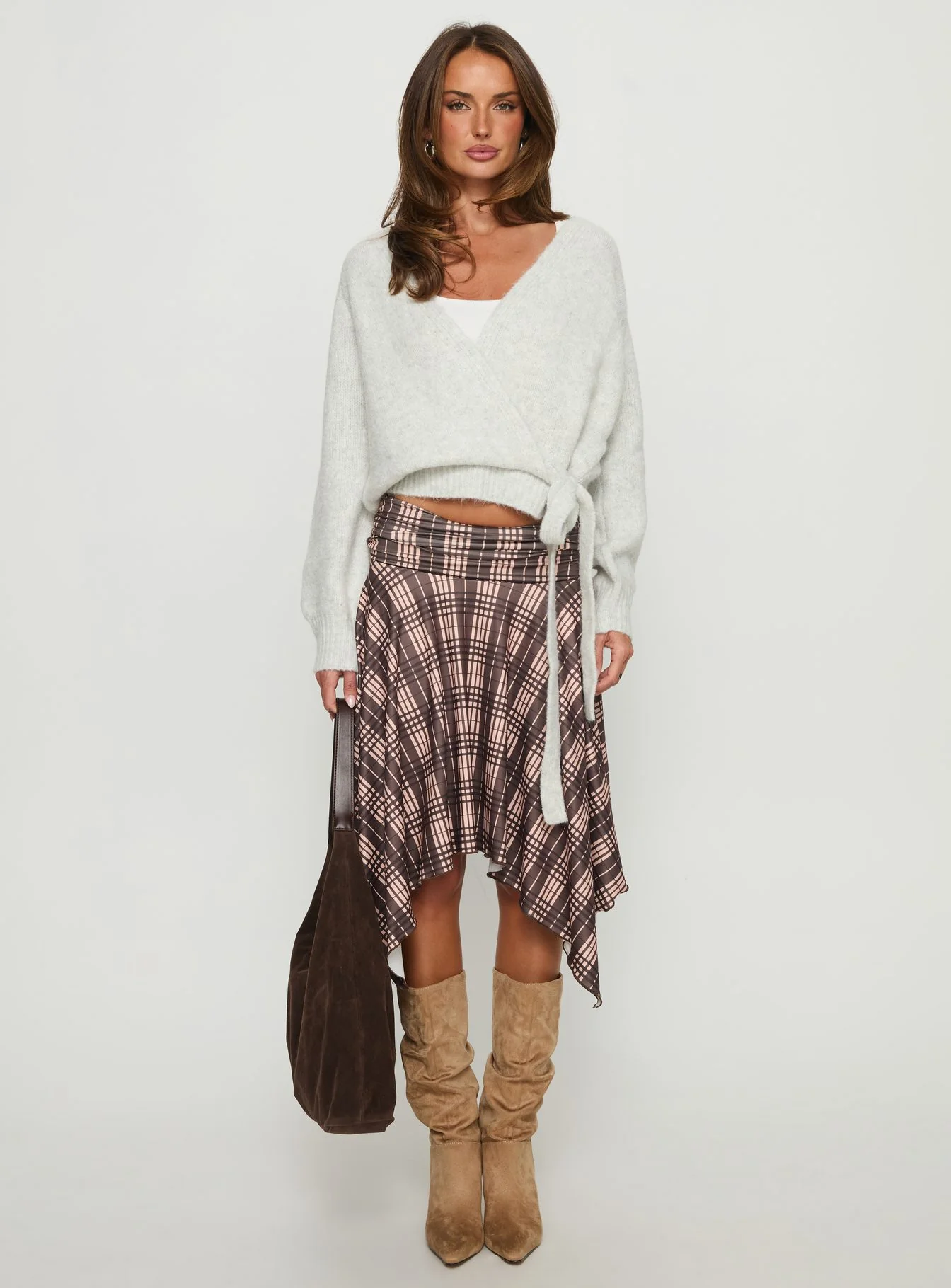 Scholar Asymmetrical Midi Skirt Brown Check