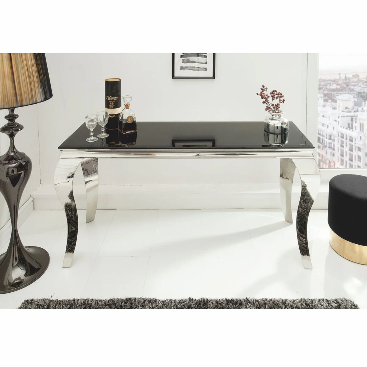 Baroque stainless steel console with glass top silver / black 145 cm