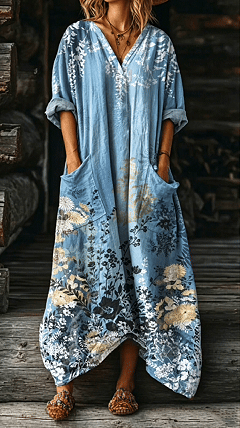 Ladies' vintage floral art pattern printed pocket dress - Nordfashionstorm - Women's Clothing, Fashion for You - Nordfashionstorm.com