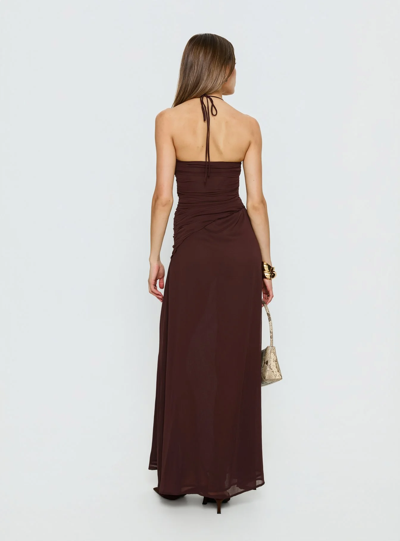 Kaemila Halter Chiffon Maxi Dress Brown