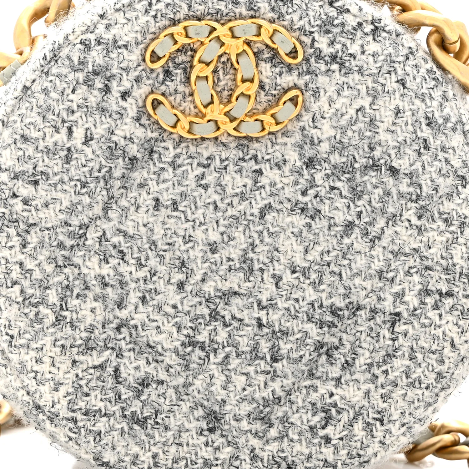 Wool Tweed Lambskin Quilted Chanel 19 Round Clutch With Chain Grey Ecru - Top Club