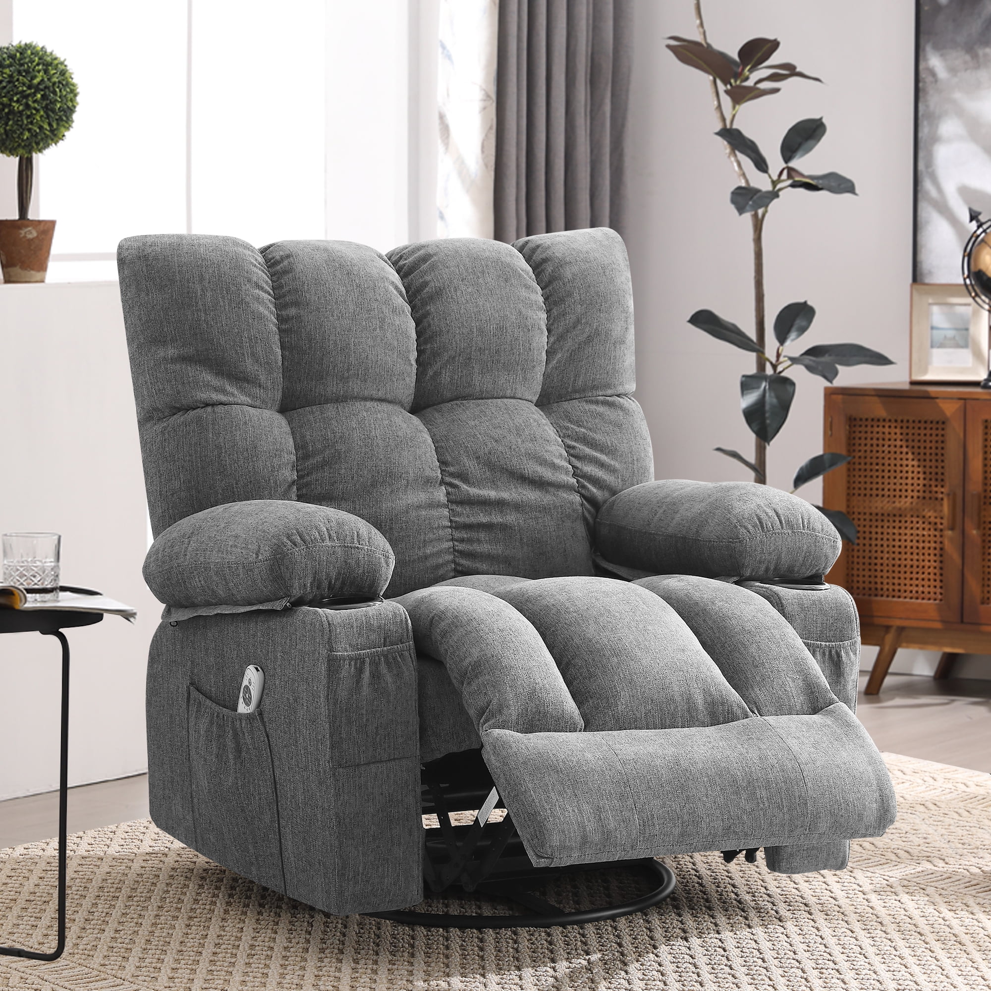 JONPONY Manual Recliner Chair with Heat Therapy and Massage Function, Heavy Duty Reclining Mechanism Massage Chair, Elderly Single Rocker Sofa with Cup Holders for Bedroom Home Theater, Grey