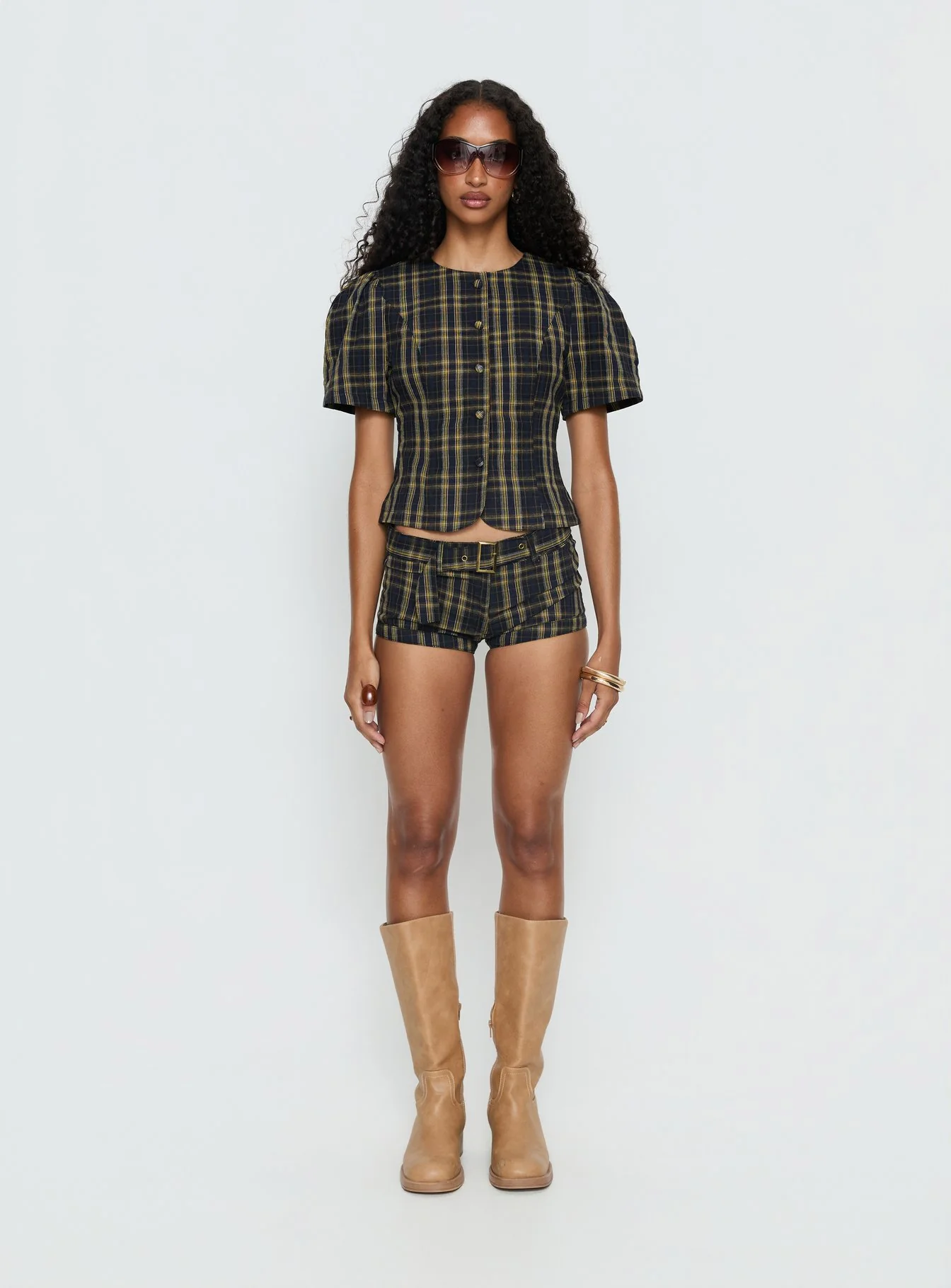 Femme Blouse Top Navy / Lemon Plaid