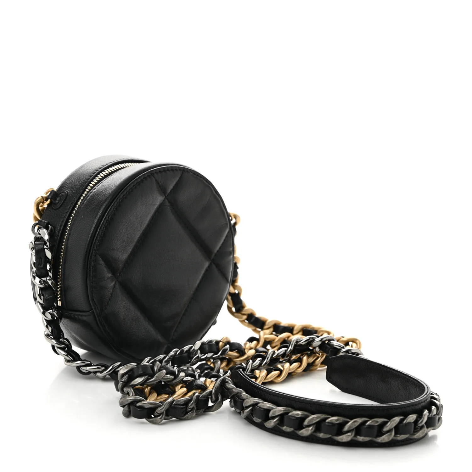 Shiny Goatskin Quilted Chanel 19 Round Clutch With Chain Black - Top Club