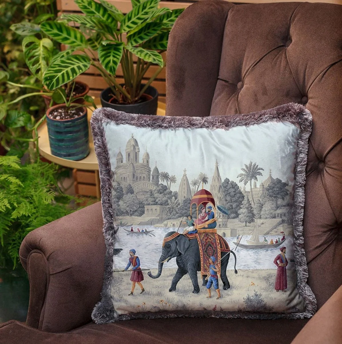 Luxury decorative cushion palace multicolored / gray 45 x 45 cm - printed velvet cushion with fringes - luxury decorative accessories