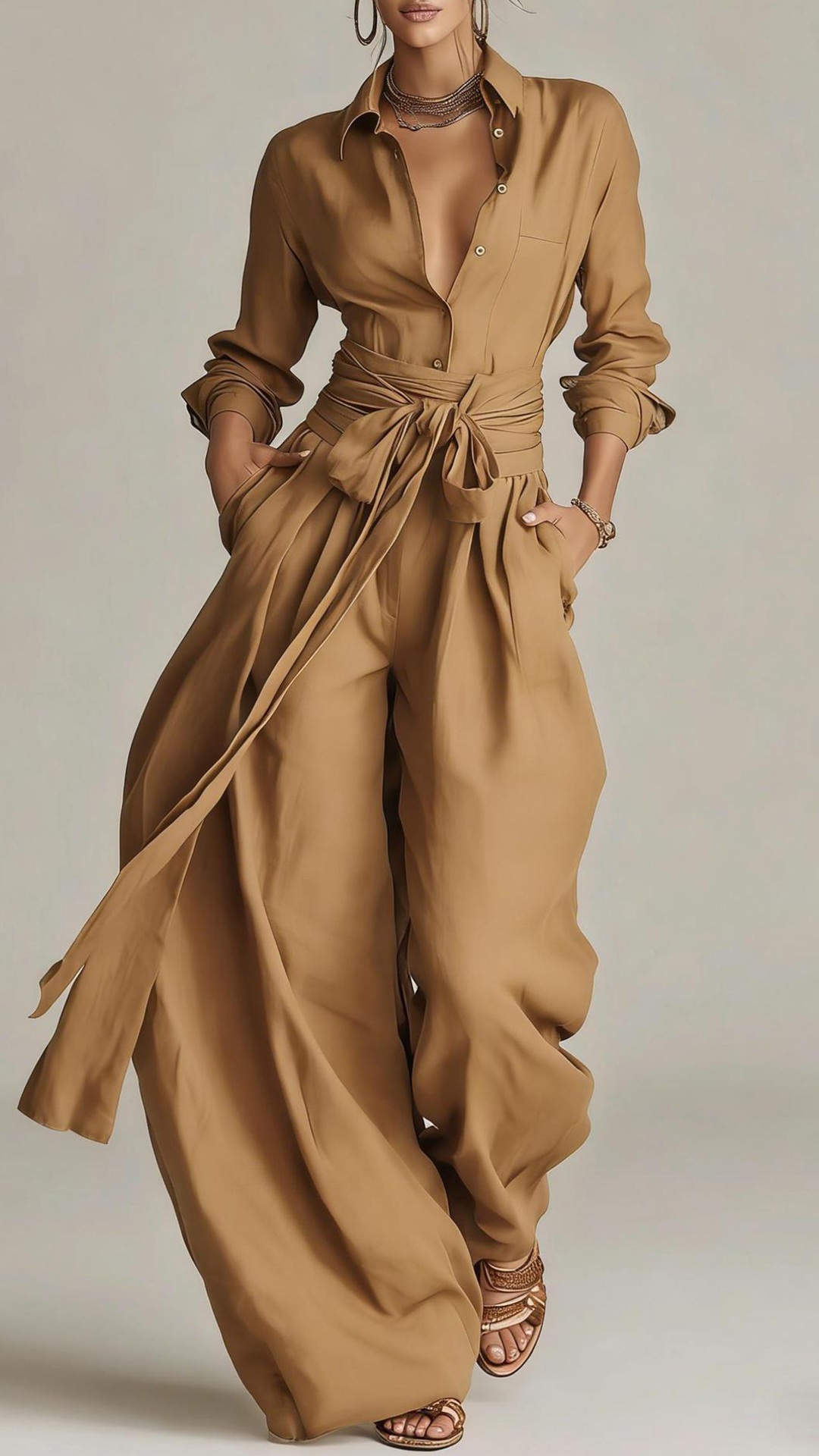 Women's  Cotton-Linen Shirt & Wide-Leg Pants Set with Belt - Nordfashionstorm - Women's Clothing, Fashion for You - Nordfashionstorm.com