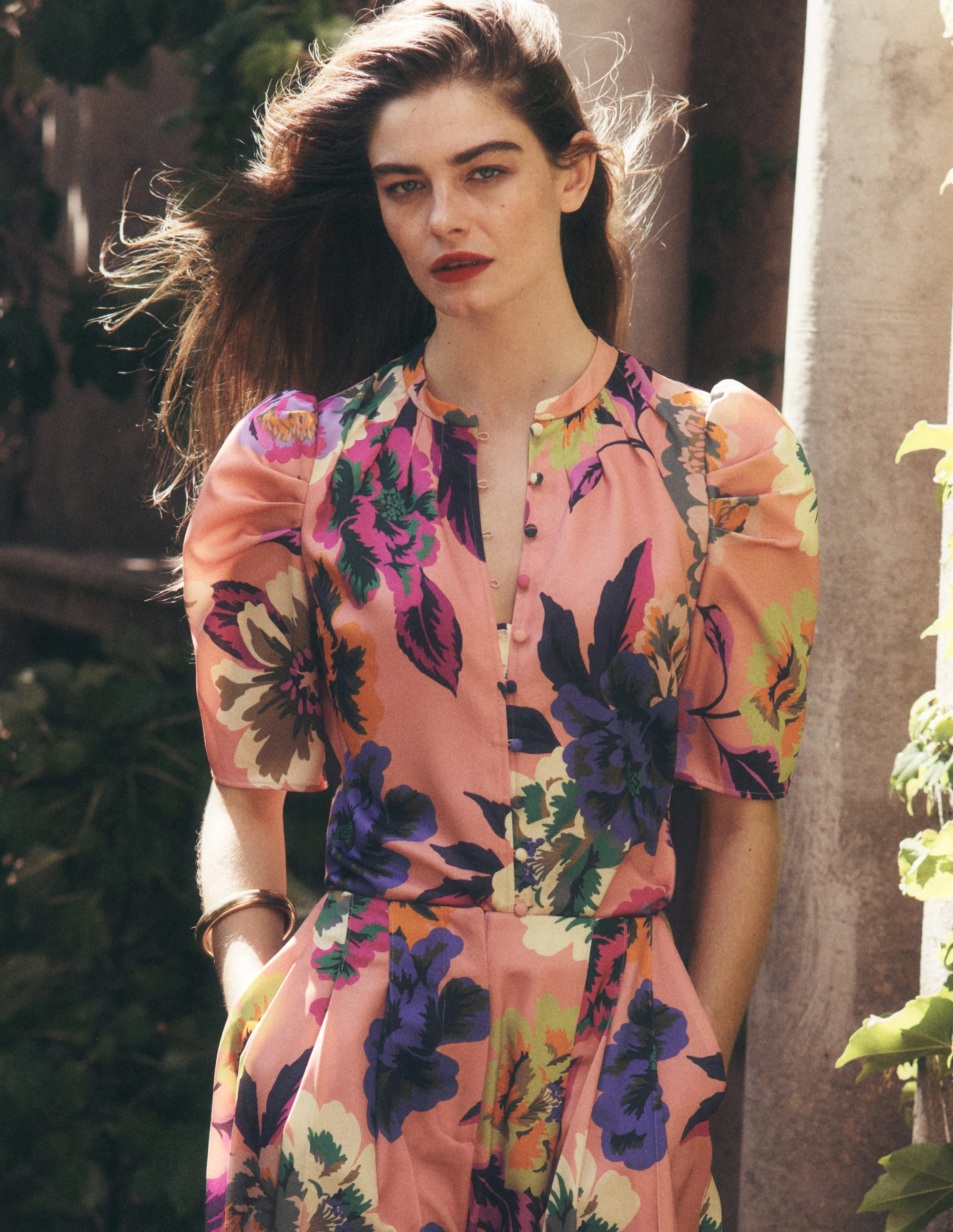 Gerafftes Oberteil mit Keulenärmeln-Bunt, Opulente Blüten